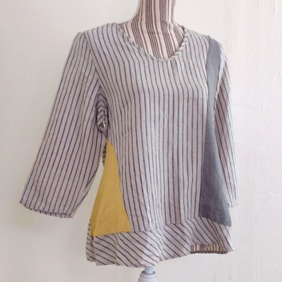 Khangura Khaki Linen Pullover Patchwork Top NEW Size S - Picture 1 of 11
